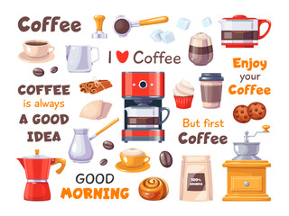Obraz premium Coffee elements and funny quotes. Cartoon objects, morning hot drink, grinders, makers, cups, cappuccino and espresso, cafe barista cute stickers collection, menu icons, classy vector set