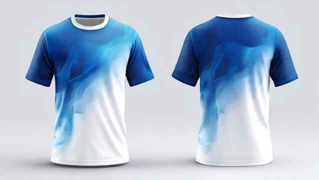 A modern t-shirt mockup featuring an abstract wave design in blue and white. Front and back views of a technical sports jersey with sublimation printing, ideal for sportswear, running, or teamwear.
