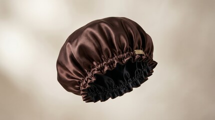 Naklejka premium A high-angle shot of a luxurious brown silk satin head cover with an adjustable ribbon strap. Isolated against a minimalist aesthetic interior background. Perfect for hair care and beauty routines.