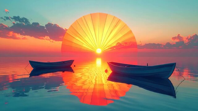 Boats and sunset, reflected in tranquil water, sky ablaze with color