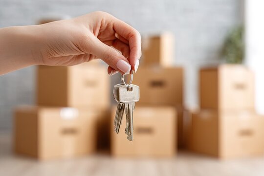 Hands hold house keys above moving boxes in a new home setup. The scene reflects the start of a new chapter in life with the belongings ready to be unpacked
