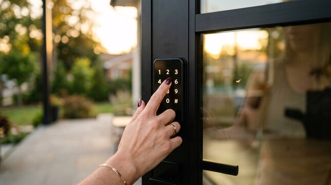 Female hand with deep burgundy nail polish pressing modern digital smart lock keypad on sleek glass door featuring matte black metal frame.