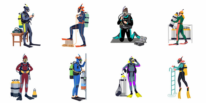 Collection of diverse scuba divers in full gear and wetsuits, preparing for underwater exploration.