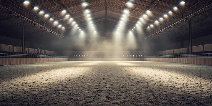 An empty dirt arena with smoke, lights, and spotlights.