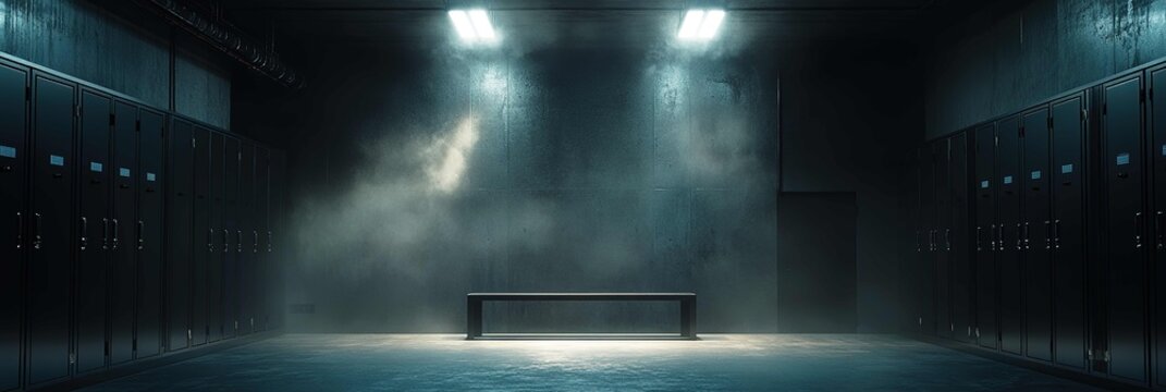 An empty locker room with a bench in the center, illuminated by two spotlights on each side of it.