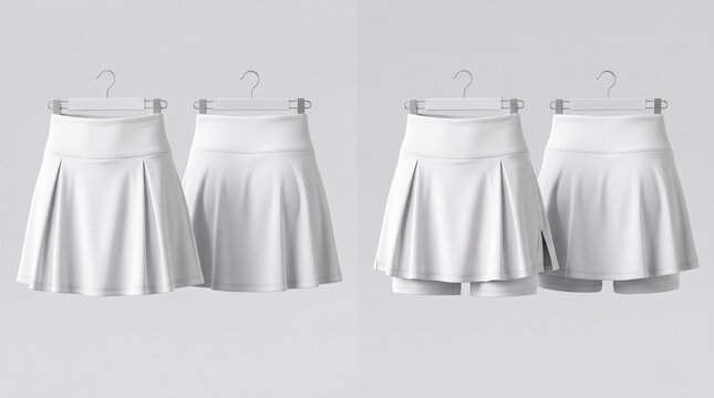 Studio mockup of a white pleated tennis skirt with built-in shorts (skort). Front and back view hanging on a metal clip hanger. Ideal for activewear and sports fashion design