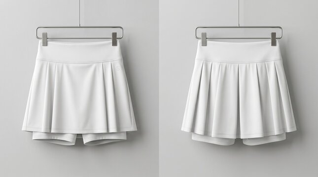 Studio mockup of a white pleated tennis skirt with built-in shorts (skort). Front and back view hanging on a metal clip hanger. Ideal for activewear and sports fashion design