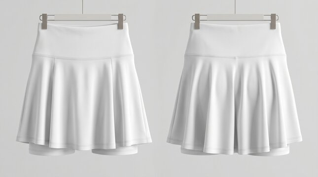 Studio mockup of a white pleated tennis skirt with built-in shorts (skort). Front and back view hanging on a metal clip hanger. Ideal for activewear and sports fashion design