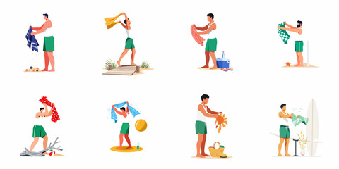 Fototapeta premium Vector Illustration Set of a Man Using Different Beach Towels in Various Summer Coastal Activities and Settings