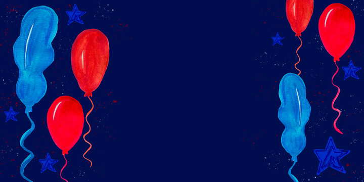 festive banner with red and blue watercolor balloons, stars and copy space for website headers, social media promotions, holiday announcements and patriotic event advertising. 
