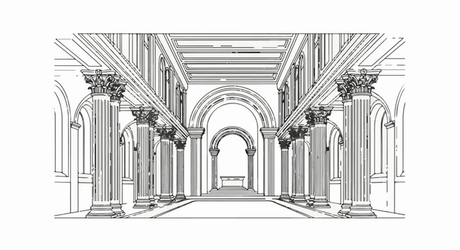 Grand classical architectural interior hallway with columns and arches