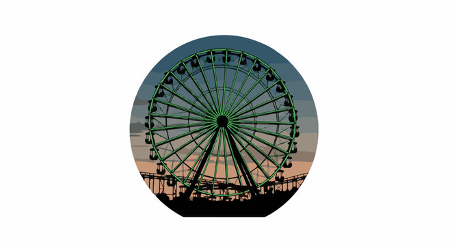 Green ferris wheel and roller coaster silhouetted against sunset sky