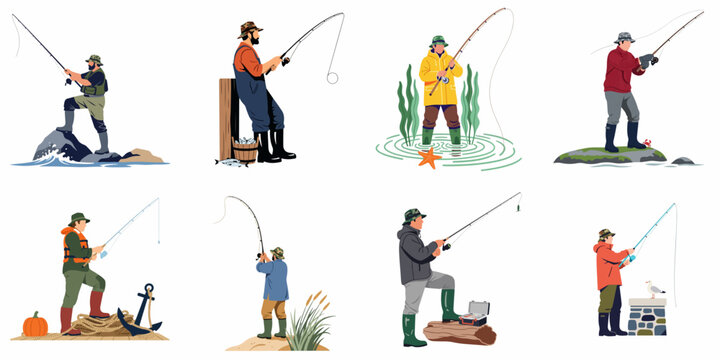 Vector set of diverse fisherman characters in different outdoor scenarios and poses, featuring fishing gear and various coastal environments.
