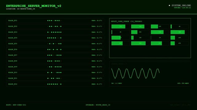 Futuristic Enterprise Server Monitor HUD with Green Data Center Blade Status and Multi Core CPU Usage Analytics Interface.