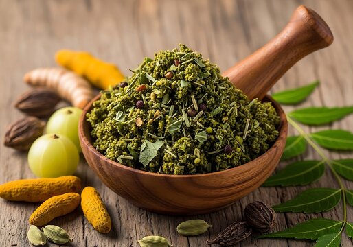 Wooden mortar filled with green herbal powder, surrounded by various spices and herbs on a wooden surface, with a black background, implied by shadows