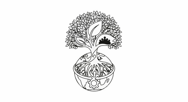 Stylized tree with roots intertwined with global elements and a gear