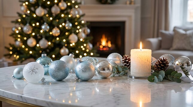 Festively decorated marble tabletop highlighting elegant icy blue and shimmering silver Christmas baubles near glowing textured candles.