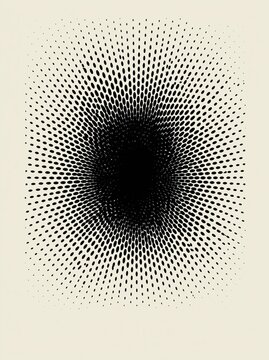 Black halftone dot optical illusion pattern on cream background with radial vortex graphic texture. AI generative