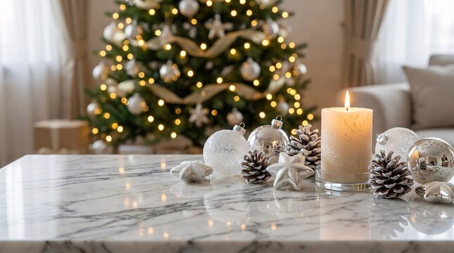 Festively decorated marble tabletop highlighting elegant icy blue and shimmering silver Christmas baubles near glowing textured candles.