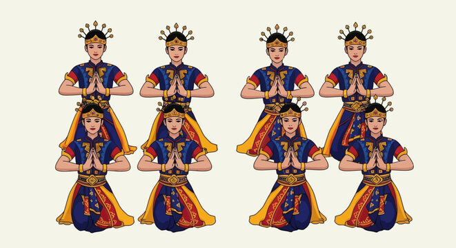 Traditional Javanese Serimpi Dancers Illustration, Indonesian Cultural Heritage Group Performance in Royal Blue Costumes