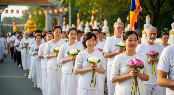 Buddhist monks and nuns in procession.
