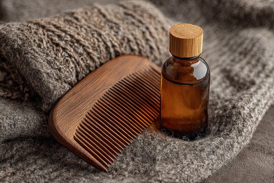 Natural Wooden Beard Comb and Amber Oil Bottle for Grooming and Styling