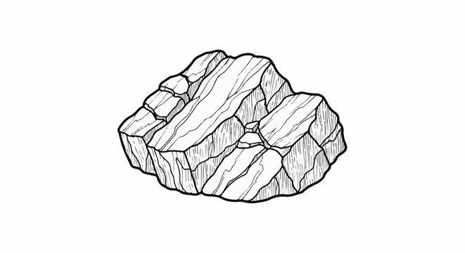 Black and white line drawing of a textured rock with distinct facets