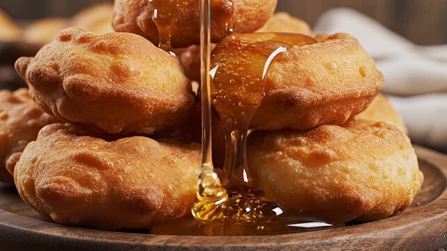 Delicious Fried Dough Balls Drizzled with Golden Honey.
