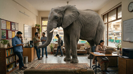 Fototapeta premium A highly detailed, realistic room where an actual massive, gray elephant is standing in the center, and the people are awkwardly ignoring it