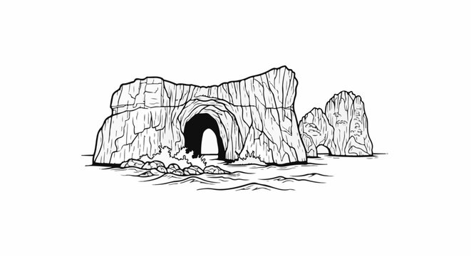 Stylized sketch of rocky seaside cliffs with a large archway opening
