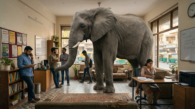 A highly detailed, realistic room where an actual massive, gray elephant is standing in the center, and the people are awkwardly ignoring it