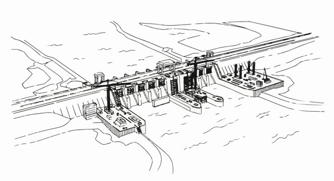 Detailed line drawing of a large hydroelectric dam with water and surrounding land