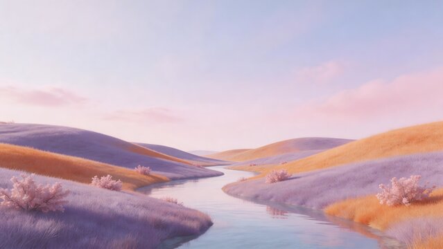 pastel landscape with stream and rolling hills