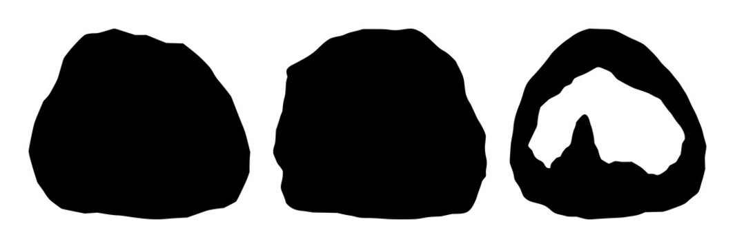 Cave set with stark black silhouette carved into white background featuring geological cave, silhouette, white background with karst and tunnel.