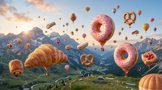 A hot air balloon festival where all the balloons are giant, floating pastries, croissants, and donuts drifting over a mountain range