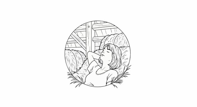 Woman relaxing in hay bales inside a barn, depicted in a circular frame