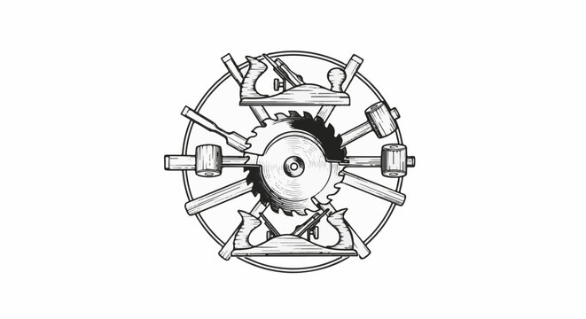 Circular arrangement of woodworking tools including planes, hammers, saw, and chisels