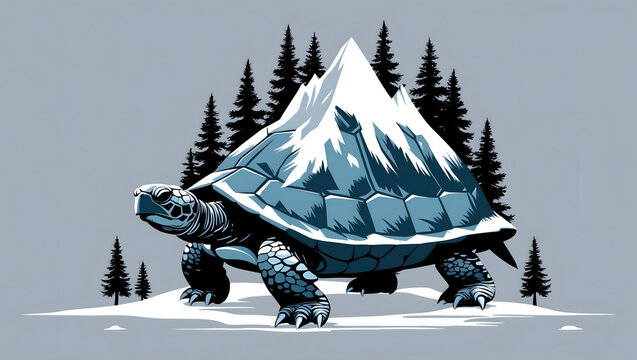 Surreal illustration of a giant turtle with a snowy mountain on its back. Creative world tortoise concept with pine trees.