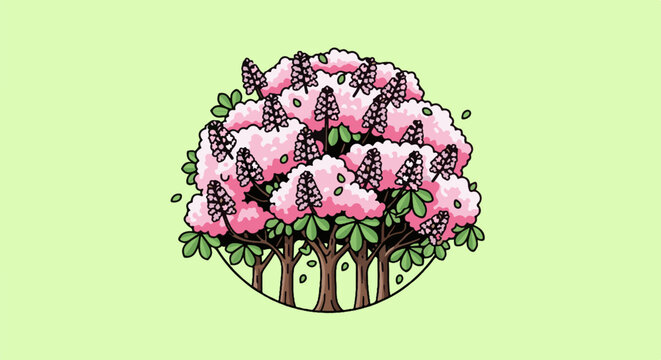 A pixel art cluster of pink flowering trees with green leaves
