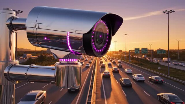 Traffic surveillance camera monitoring highway. Cars moving on busy road at sunset. Urban transportation concept