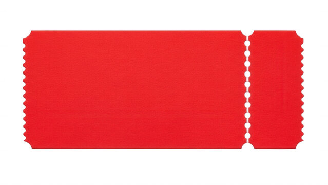 A blank red raffle ticket with a perforated stub, featuring scalloped edges on a solid black background, isolated for use
