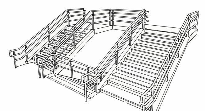 A clean line drawing of a complex, multi-level staircase with railings and a ramp