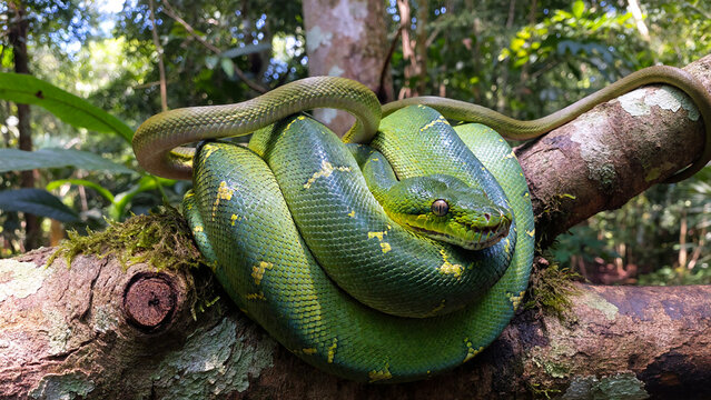 Green snake coiled on tree branch in tropical rainforest (Cobra verde enrolada em galho de &aacute;rvore na floresta tropical)