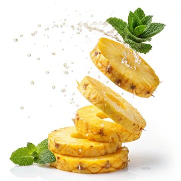 Fresh Pineapple Slices Splash with Mint Leaves Isolated on White Background