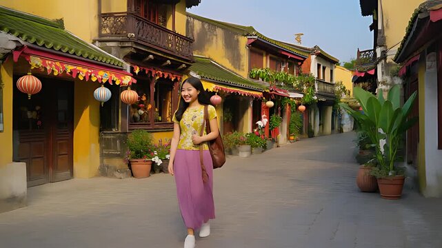 Tourist walking in Hoi an ancient town, Vietnam.
