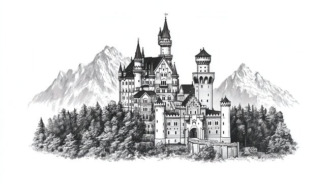 Fairy tale castle in alpine mountains detailed engraving sketch black and white medieval architecture