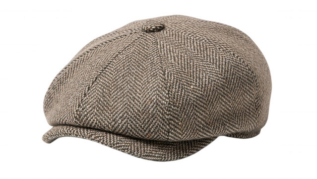 A brown herringbone tweed flat cap, also known as a newsboy or baker boy hat, isolated against a solid black background