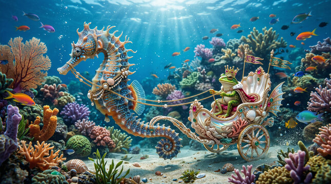 A majestic seahorse pulling a tiny, ornate underwater chariot driven by a highly detailed, miniature frog king