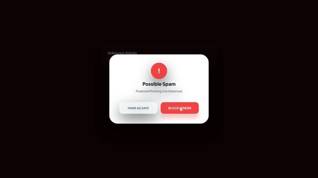 Cyber security popup alert warning of possible spam and potential phishing link detected