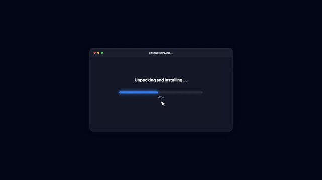 Dark mode desktop application update flow with progress bar and success checkmark screen